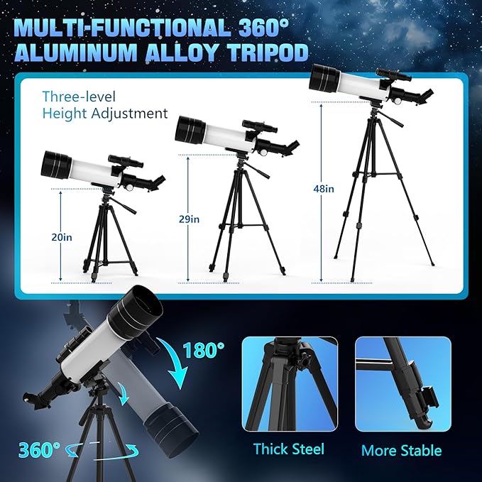 Telescope, Telescope for Adults & Kids, 70mm Aperture 400mm Refractor Telescopes for Astronomy Beginners with AZ Mount Tripod & Phone Adapter & Carry Bag, for Men
