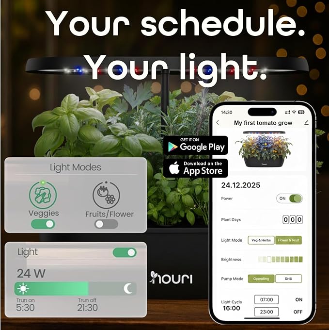 Nouri 12 pod APP Smart Garden for Home Cooks | w/Heirloom Salad | Hydroponics Growing System | LED Grow Lights | Indoor Herb Garden Kit | Herb Growing Kit Indoors for Plant Lovers, Gardeners, Kitchen