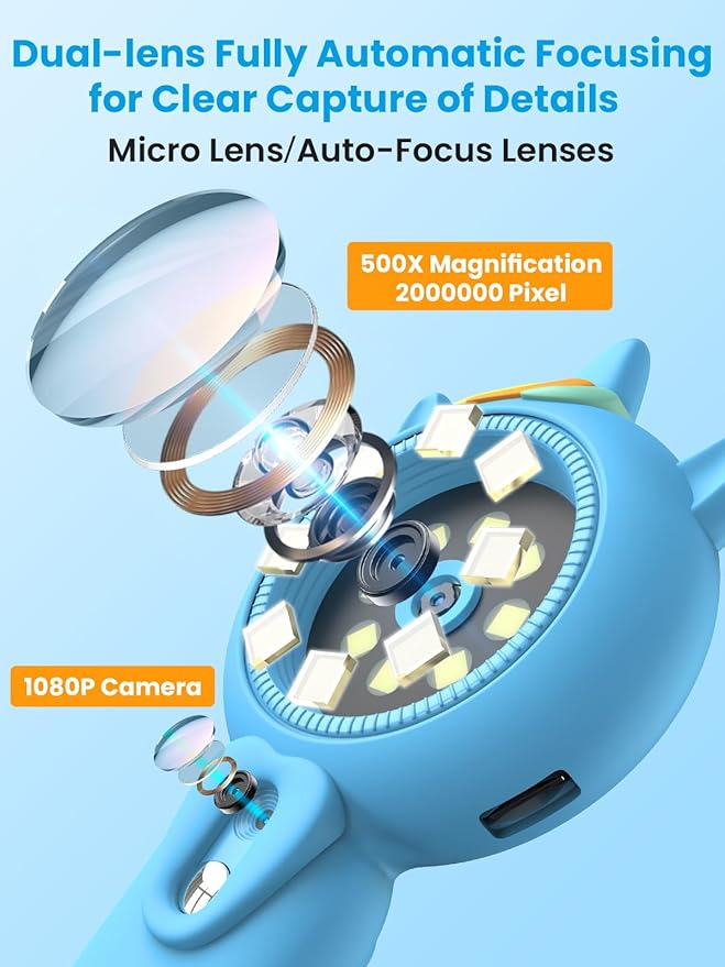 Microscope for Kids, Auto-Focus Handheld Digital Microscopes with 2.0" Screen, 8 LEDs Rechargeable Pocket Mini Microscope Christmas Gifts Educational Science Toys for Ages 5 6 7 8 9 10 11 12