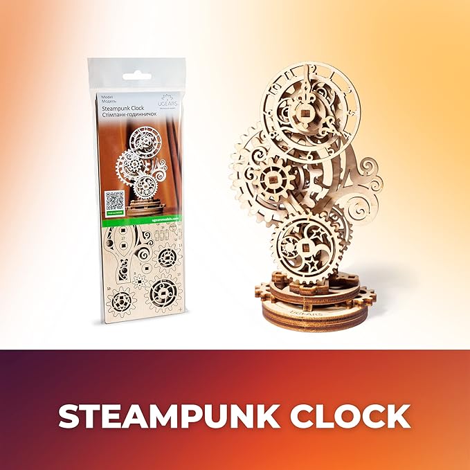 UGEARS Steampunk Clock 3D Wooden Puzzles for Adults - Wooden Model Kits for Adults Mechanical Build a Clock Kit Steampunk Decor Clocks Puzzle Brain Teaser, Hobby Set Home Decoration