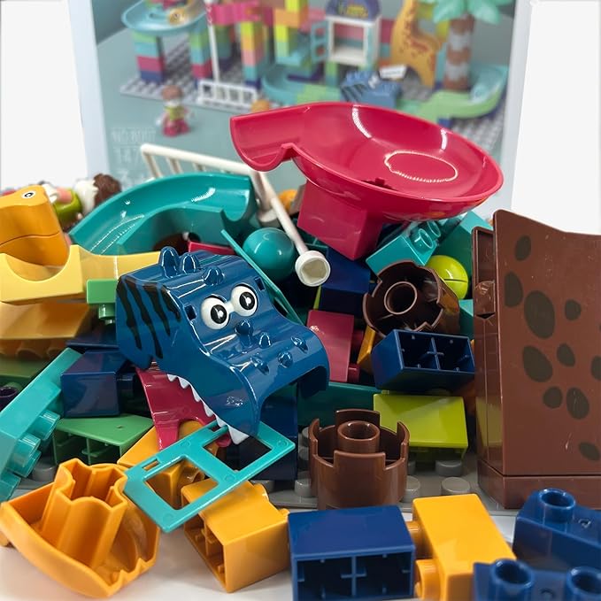 147Pcs Marble Track Classic Big Blocks Toys Set, STEM Educational Construction Toy with Dinosaur and Giraffe Theme, of Marble Run Toys for Kids Age 3+