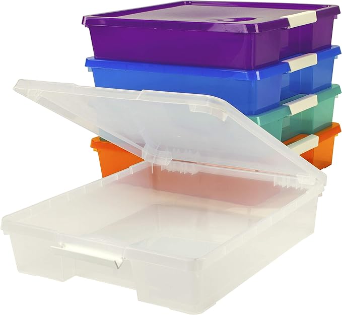 Storex Classroom Craft Project Box – Stacking Plastic Organizer Fits 12x12 Scrapbooking Paper, Assorted STEAM Colors, 5-Pack (63202C05C)