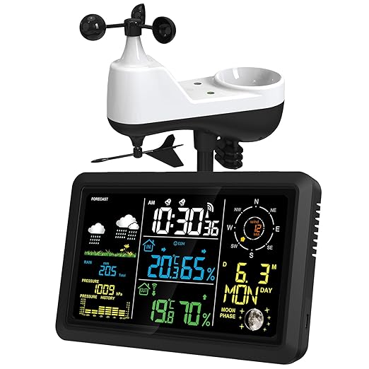 Weather Station Wireless Indoor Outdoor Sensor, Rain Gauge,Wind Speed/Direction, Temperature, Humidity, Air Pressure, Forecast, Moon Phase, Alarm Clock