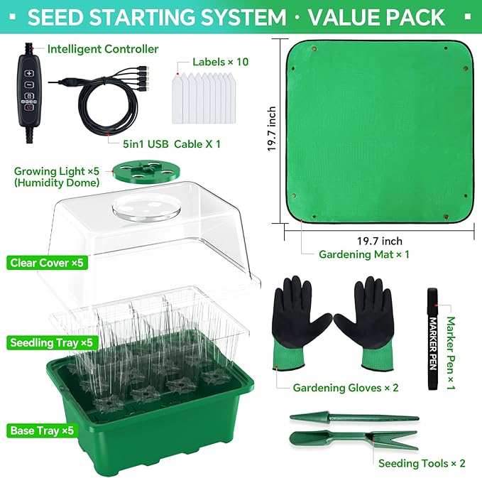 5 Packs Seed Starter Trays with Plant Light (Value Pack), 60 Cells, Seed Starter Kit with Heightened Lid, Adjustable Humidity Domes for Plant Flower Vegetable Seeds Germination