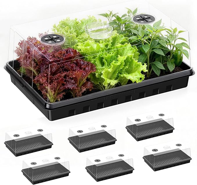 Seed Starter Tray, Seedling Trays Kit for Plant, Germination Trays with 4.73 Inch High Humidity Domes，Large Growing Space & Better Air Flow for Seed Starting, Growing Tray, Gardening Gifts, 6PCS