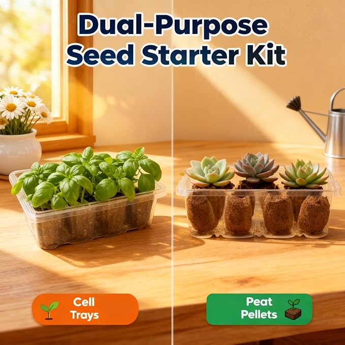 Seed Starter Kit with Grow Lights, 48 Cells Total (4 Trays of 12), Full Spectrum Mini Greenhouse for Indoor Plant Germination, Green