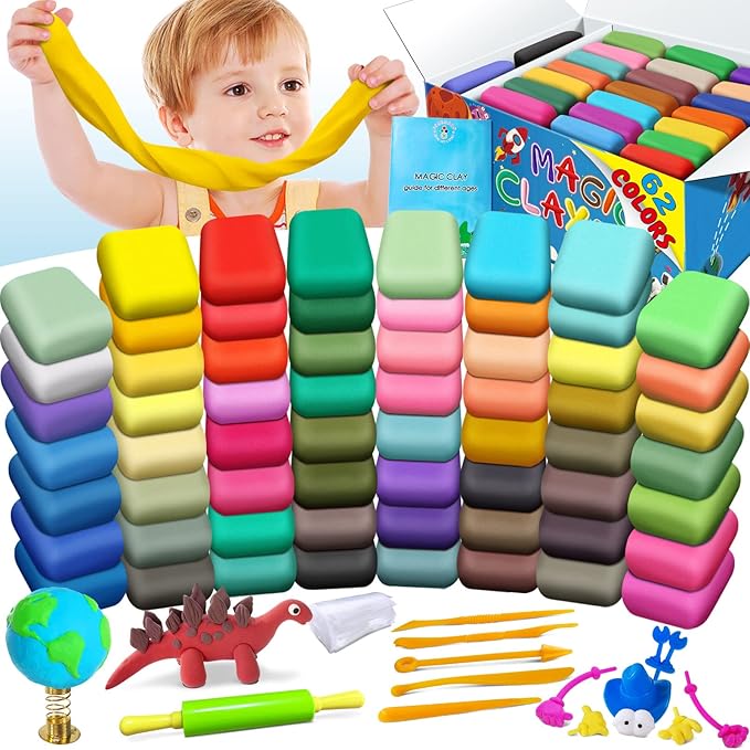 ESSENSON Modeling Clay Kit - 62 Colors Air Dry Magic Clay, Best Gift for Boys & Girls Age 3-12 Year Old, DIY Molding Kids, with Sculpting Tools, Decoration Accessories, Kids Art Crafts