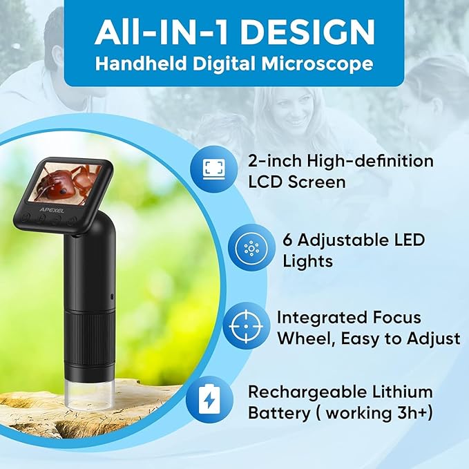 APEXEL 800X Handheld Digital Microscope with 2” LCD Screen, Pocket Portable Microscope for Kids with Adjustable LED Lights, Coins Microscopes Magnifier Camera, USB to PC Including 32G SD Card