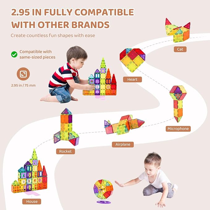 VEVOR Magnetic Tiles, 181 PCS Magnetic Blocks for Kids, Magnet Building Set with Car Bases/Ferris Wheel/Letter & Digital Cards, STEM Construction Stacking Toys for Toddlers Boys Girls Aged 3 Years