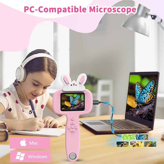 1000X Microscope for Kids with 16 Slides, 2.4" Handheld Digital Pocket Microscope, STEM Educational Science Toys for Christmas Birthday Gifts for 3+ 4 5 6 7 8 9 10 11 12 Year Old Boys Girls, Pink