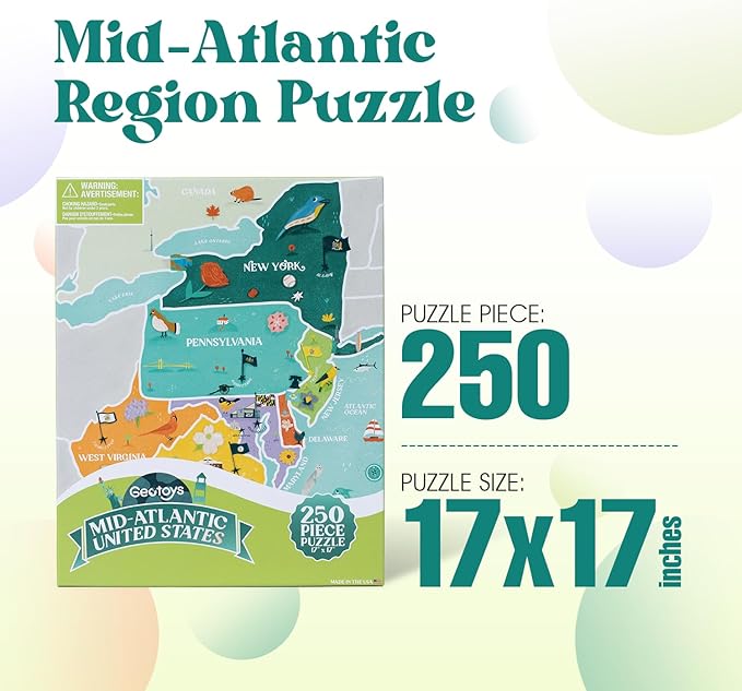 Geotoys Mid-Atlantic Region Jigsaw Puzzle - 250 Piece Puzzles for 8 Year Olds - Jigsaw Puzzles for Kids Ages 8-12 Years Old - Kids Puzzle Games with Colorful Landmarks