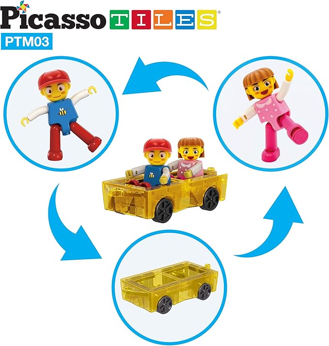 PicassoTiles Mini Magnetic Tiles Expansion Car Truck and Figures Play Set, Kids Building Magnet Bricks STEM & Learning Toys, Magnetic Add-ons, Car Toys, Toddler Preschool 3 years and up boys and girls