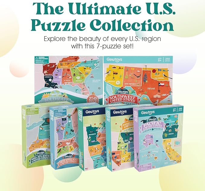 Geotoys USA Regional Jigsaw Puzzles Bundle - Set of 7 Educational Games for Kids 8-12 of Age - 250 Piece Puzzles for Kids Featuring New England, Midwest & More - Regional US Map Puzzle with Flags