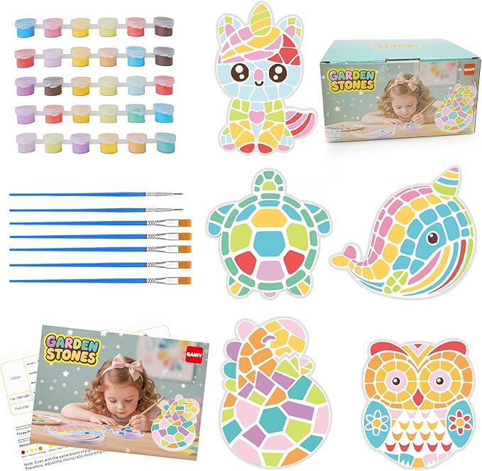 QANIY Stepping Stones Painting Kit for Kids Ages 4-12,5 Pack Outdoor Garden Stone Crafts,Outdoor Art & Craft Activity Set, Creative Gift for Boys & Girls (Art)