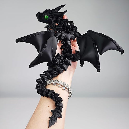 3D Printed Dragon with Wings,3D Printed Animals Toys, Fidget Dragon Toys, Flexible Articulated Winged Crystal Dragon Model,Desktop Pet Deco, Stocking Stuffers (Matte-Black)