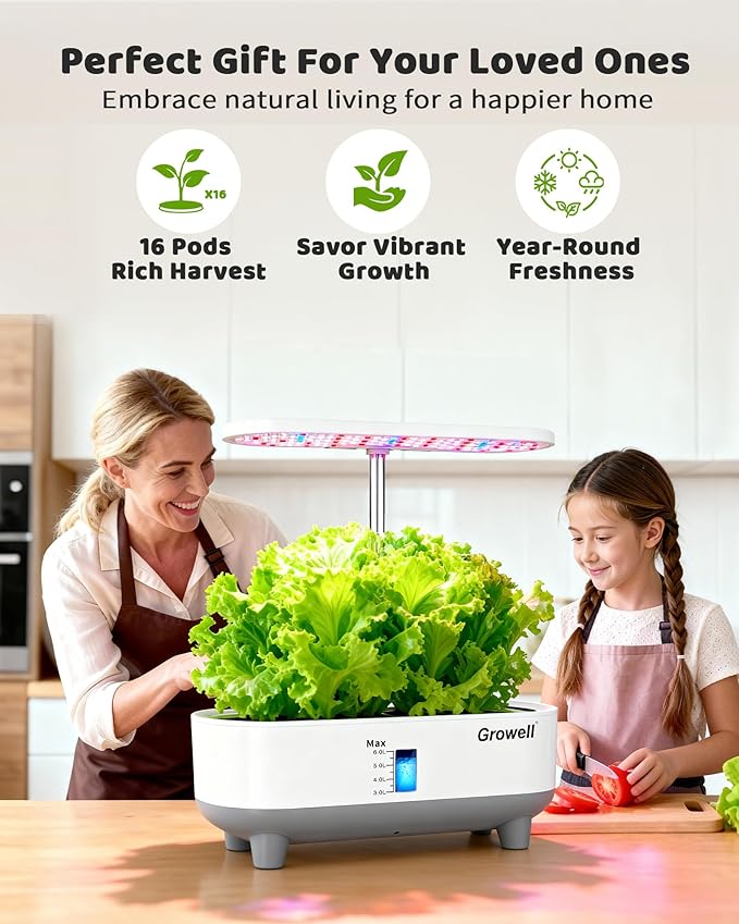 Hydroponics Growing System Kit, 16 Pods, Vertical 8L Indoor Gardening System for Herb Vegetable Fruit, with LED Grow Light, Smart Water Circulation, 3 Light Modes & 2 Timer, White