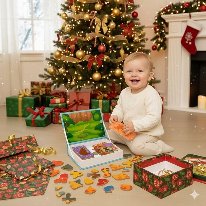 Animal Magnetic Busy Book for Toddlers, Montessori Quiet Travel Toy with 45 Magnets & 14 Activity Cards - Magnet Puzzles Airplane Toys for Kids Ages 3+, Educational Preschool Learning Game