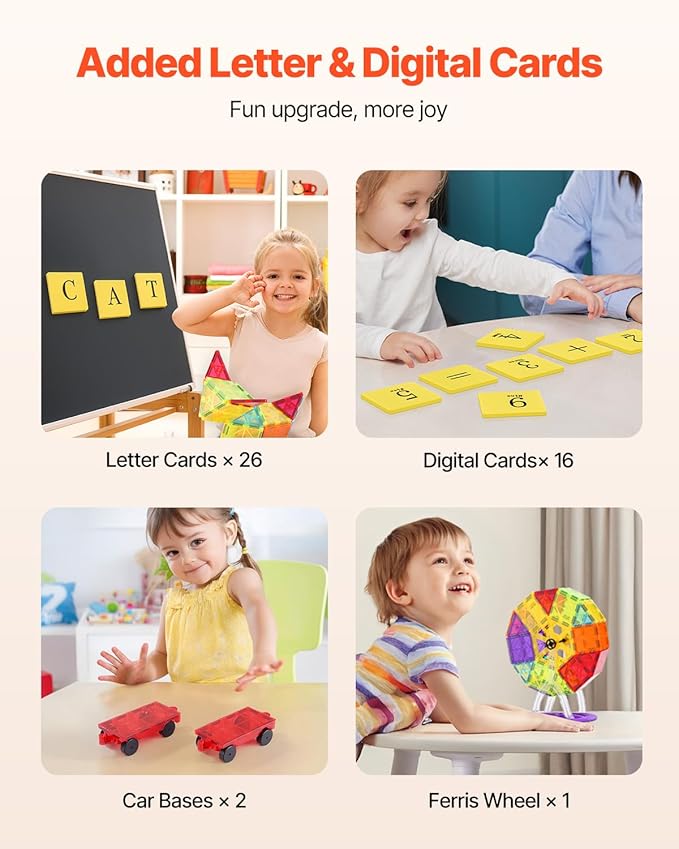 VEVOR Magnetic Tiles, 181 PCS Magnetic Blocks for Kids, Magnet Building Set with Car Bases/Ferris Wheel/Letter & Digital Cards, STEM Construction Stacking Toys for Toddlers Boys Girls Aged 3 Years
