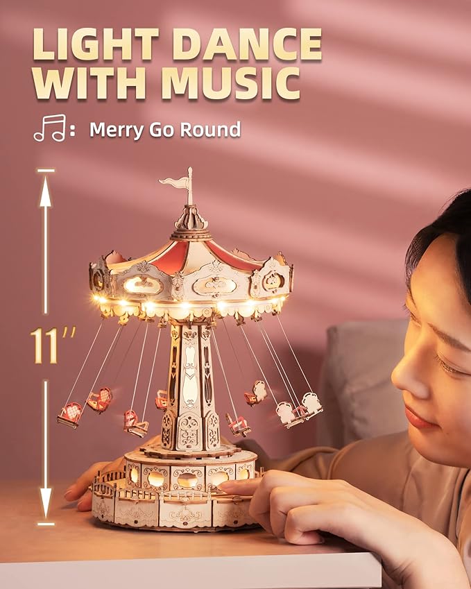 ROKR 3D Puzzles for Adults-Projects for Teens-LED Swing Ride Model Building Kit-Music Box DIY Kit-Gift for Teens and Adults