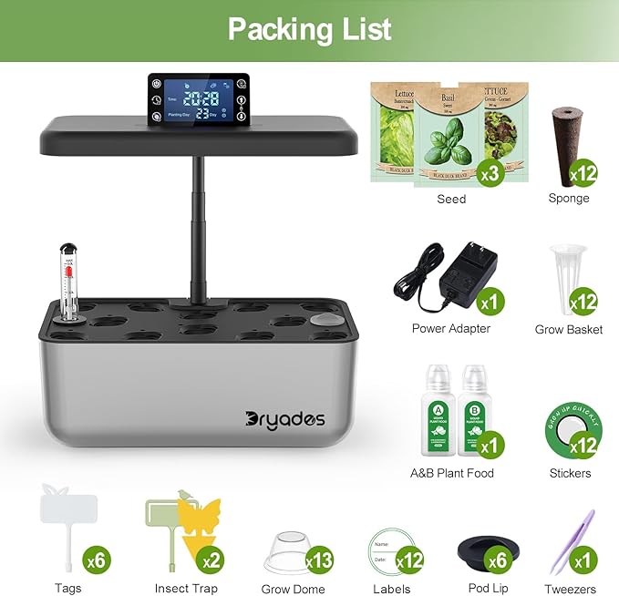 Hydroponic Growing System Kit with Operation Screen + 3 Free Seeds (Lettuce, Salad Mixed, Basil), 12 Pods Indoor Smart Gardening Herb Planter, 24W Full Spectrum LED Grow Light Growing System (Silver)
