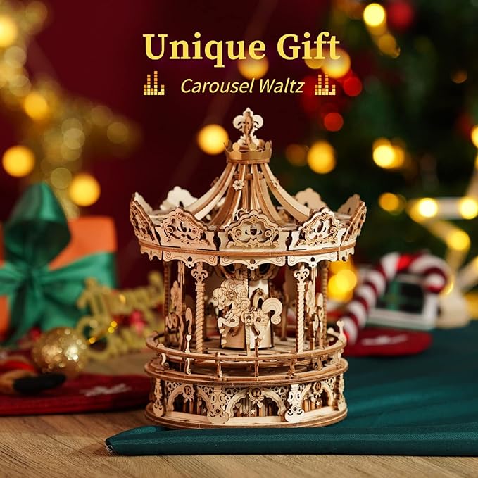 ROKR 3D Wooden Puzzles Music Box - DIY Model Building Kit Mechanical Merry-go-Round Exquisite Display Gifts for Teens Man/Woman Family