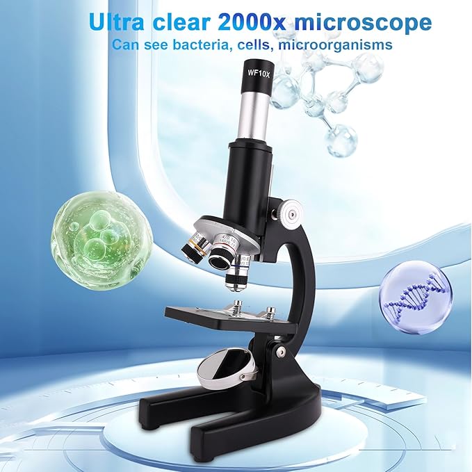 Microscope 40X-2000X Magnification, High Definition Wide Angle Eyepiece with Microscope Slide, Cell Phone Viewing, for Homeschool Labs
