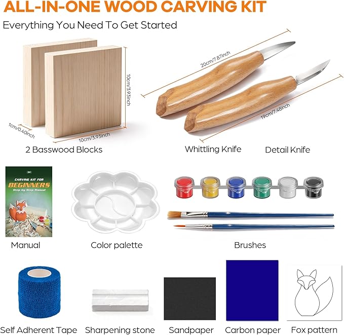 Fox Theme Wood Carving Kit for Beginners, Wood Whittling Kit for Kids and Adults Hobbies, Complete Carving Tool DIY Starter Kit with Step-by-Step Video Tutorials, Whittling Knife, Blocks, Carbon Paper
