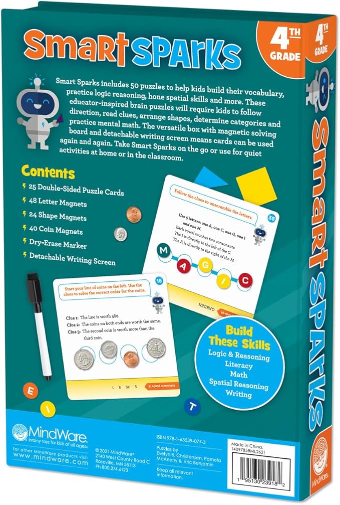 MindWare Smart Sparks Brainy Puzzles: Grade 4 – Logic & Reasoning Puzzles for Kids Ages 9 & Up