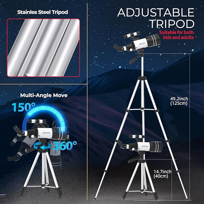 Telescope for Beginners, 70mm Aperture Refractor Astronomy Telescope with 300mm Focal Length, 15X-150X Magnification, Tripod, Phone Adapter, Wireless Remote