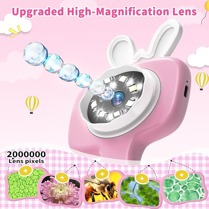 1000X Microscope for Kids with 16 Slides, 2.4" Handheld Digital Pocket Microscope, STEM Educational Science Toys for Christmas Birthday Gifts for 3+ 4 5 6 7 8 9 10 11 12 Year Old Boys Girls, Pink
