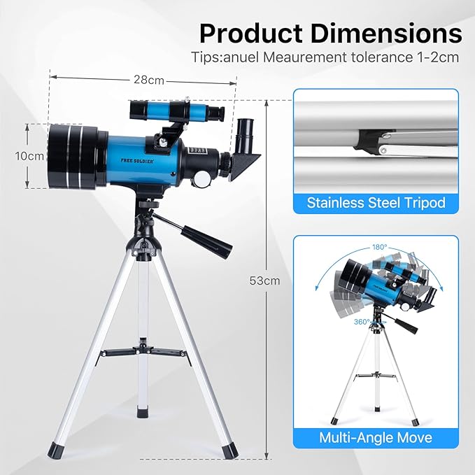Telescope for Adults Astronomy 70mm Aperture 300mm Focal Length Portable Astronomical Telescope for Beginners Age Over 8 Years Old with Wireless Remote Carry Bag Tripod (Blue)