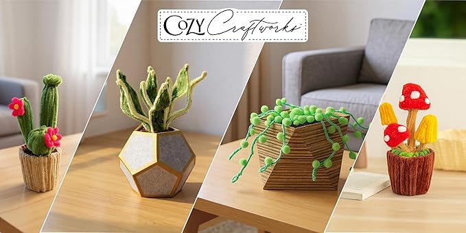 WeVeel Cozy Craftworks Chenille Stem Plant Craft Kit for Adults – Create 4 Botanical Designs (String of Pearls, Snake Plant, Cactus & Mushroom) – Relaxing DIY Arts & Crafts Kit with All Supplies
