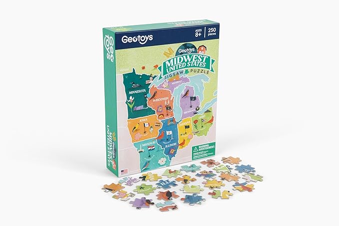 Geotoys Midwest Region Jigsaw Puzzle - 250 Piece Puzzles for 8 Year Olds - Jigsaw Puzzles for Kids Ages 8-12 Years Old - Kids Puzzle Games with Colorful Landmarks