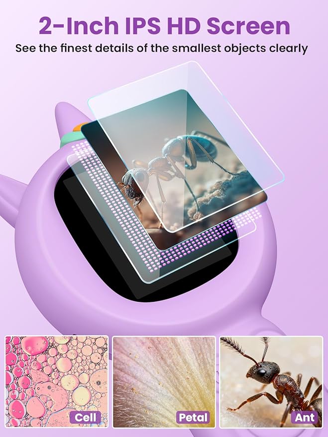 Microscope for Kids, Auto-Focus Handheld Digital Microscopes with 2.0" Screen, 8 LEDs Rechargeable Pocket Mini Microscope Christmas Gifts Educational Science Toys for Ages 5 6 7 8 9 10 11 12