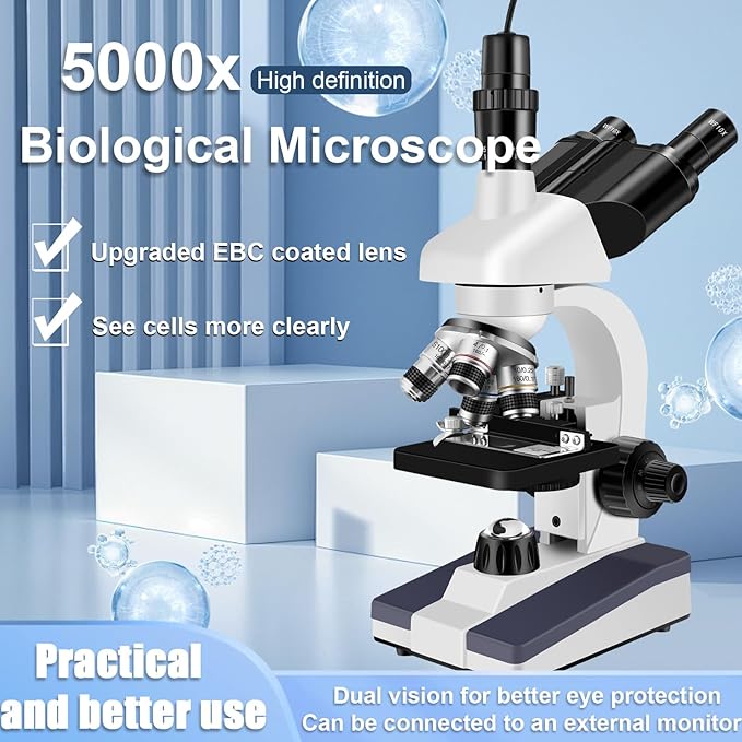 Trinocular Microscope 40X-5000X Magnification Microscope for Adults, Laboratory Grade with Dual Mechanical Stage and HD USB Camera