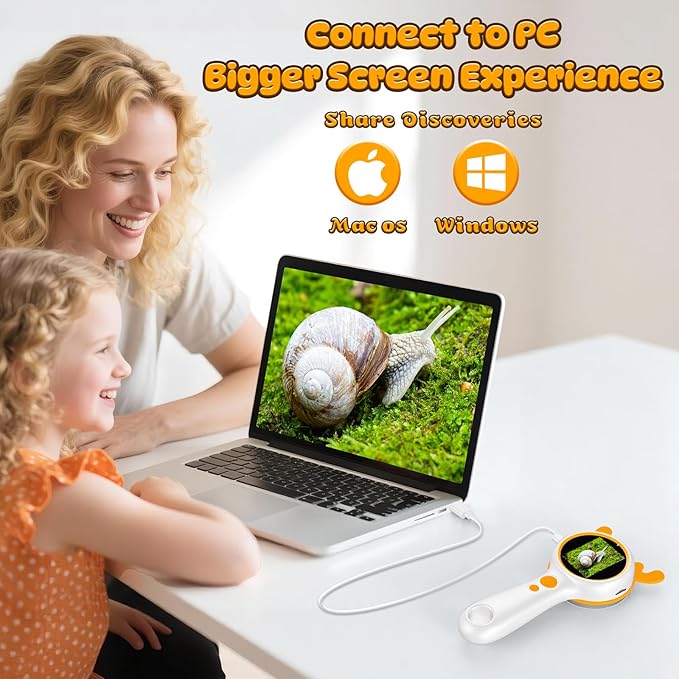 3-in-1 Kids Microscope and Camera - 2" LCD, 600x, Adjustable Focus, Handle Magnifying Glass, Portable Handheld for Outdoor Exploration, STEM Learning, 8GB SD Card Included