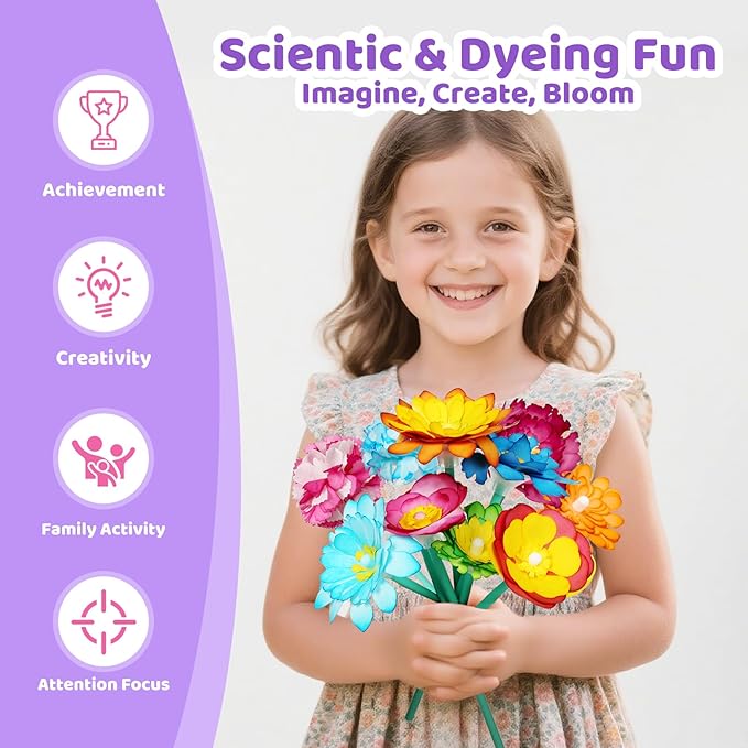 ROOCHKD Arts and Crafts for Kids, Paper Flowers Science Kit Magic Dyeing Flowers Crafting Color Changing Art Project, Stocking Stuffers Gifts for Birthday Thank You Christmas, Toys for Ages 5-12yrs