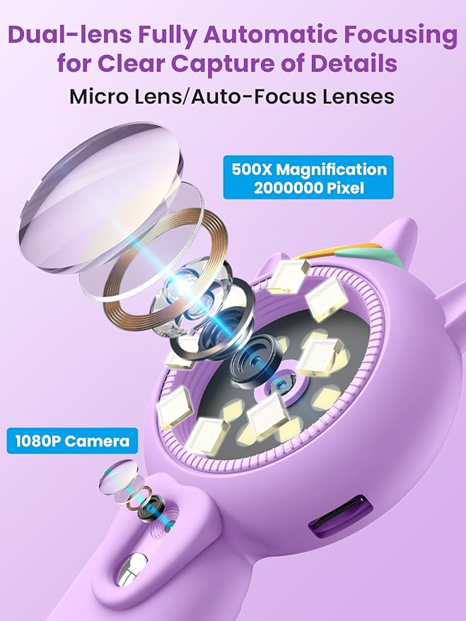 Microscope for Kids, Auto-Focus Handheld Digital Microscopes with 2.0" Screen, 8 LEDs Rechargeable Pocket Mini Microscope Christmas Gifts Educational Science Toys for Ages 5 6 7 8 9 10 11 12