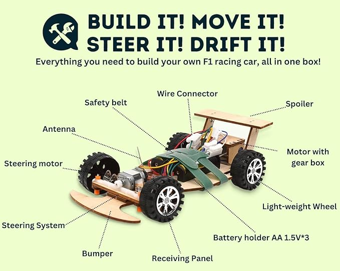 Wooden Wireless Remote R/C F1 Racing Car Science Kit to Build (Racing Pack of 2), Educational STEM Project Science Kit for Kids Aged 8-12, 9-16, Ideal Gift for Children Boys and Girls