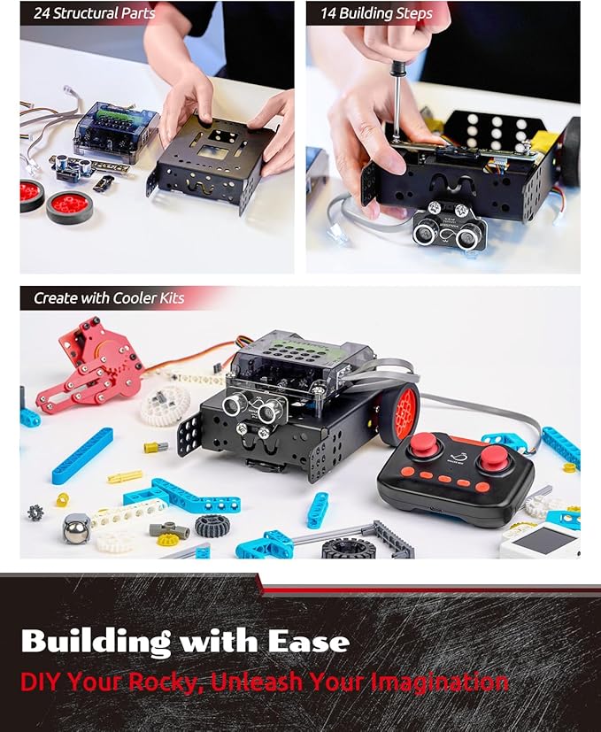 WhalesBot Rocky Smart Robot Car Coding & Remote Control Kit for Kids 8-16, STEM, Modular/Scratch/Python/C Programming, Educational Engineering Science Toy Set