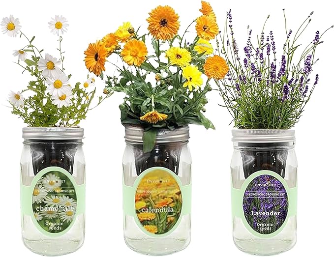 Hydroponic Herb Growing Kit Set, Self-Watering Mason Jar Herb Garden Starter Kit Indoor, New Christmas Gift for Mom (Calendula, Chamomile & Lavender)