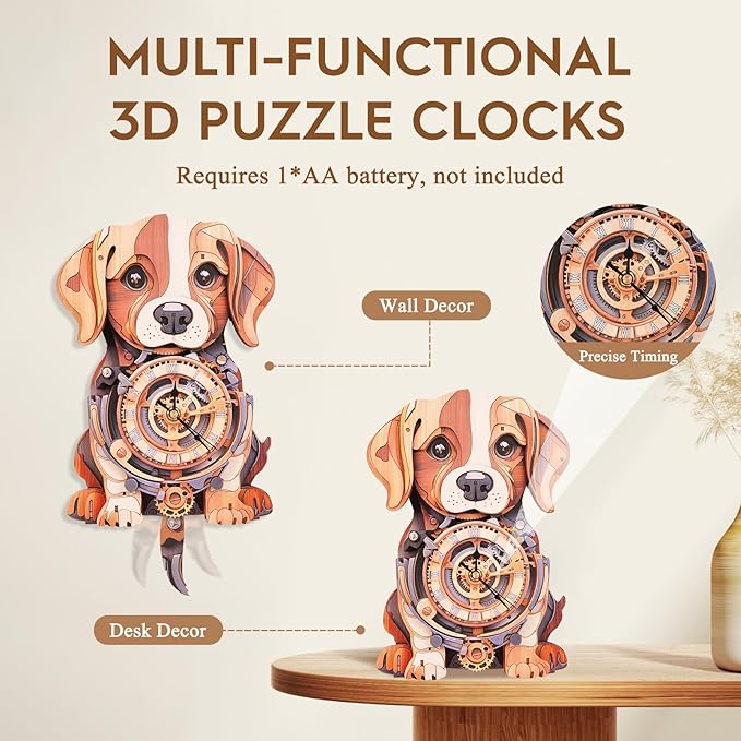 Cutywood 3D Puzzles for Adults Clock-Beagle Design Model Kit-Mechanical DIY Pendulum Clock with Roman Numerals-Desk Home Office Decor Personalized Gift for DIY Lovers