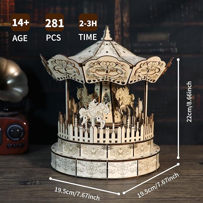 Music Park 3D Wooden Puzzle Carousel Music Box You are My Sunshine Model Kits for Adults Birthday Christmas Unique Gift for Women