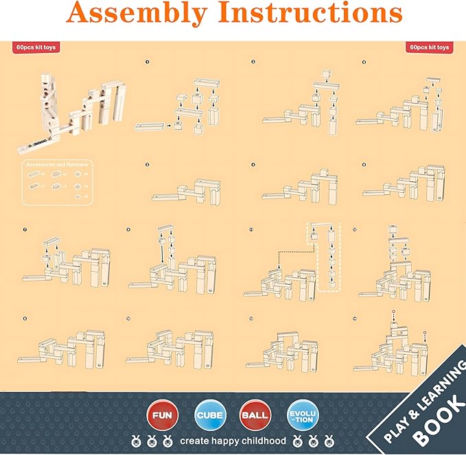 Wooden Marble Run for Kids Ages 4-8, 60 Pieces Wood Building Blocks Toys and Construction Play Set, Marble Track Maze Game STEM Learning Toys Gifts for Boys Girls