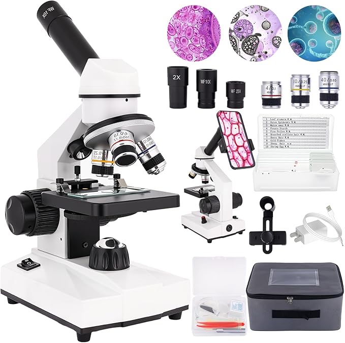 Compound Microscope, 2000x Magnification, with Smartphone Adapter, Slide Set, Dual LED Illumination System, Adult Microscope, Suitable for Beginners and Laboratory use (Monocular Microscope)