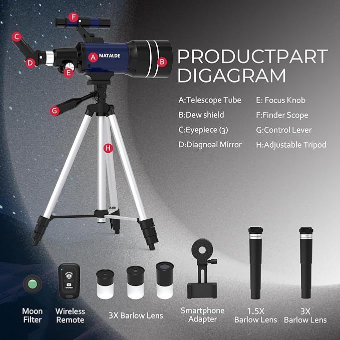 Telescope for Beginners & Kids, 70mm Aperture Refractor Astronomy Telescope with 300mm Focal Length, 15X-150X Magnification, Includes Full Accessory Kit & Tripod, Phone Adapter, Wireless Remote