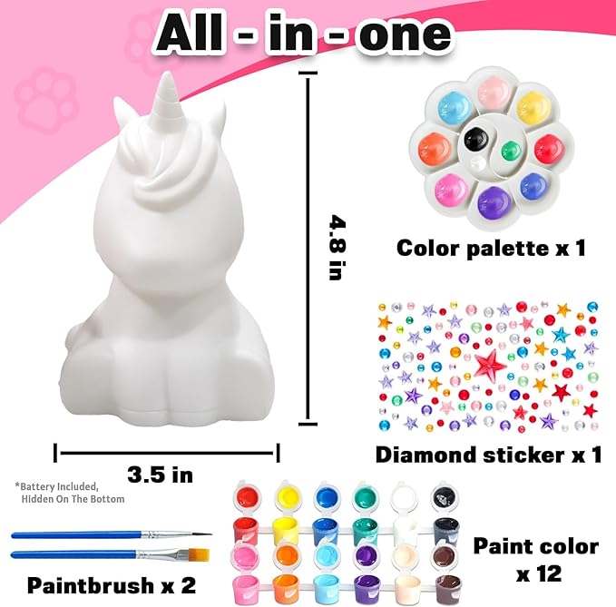 FUNZBO Paint Your Own Unicorn Lamp Kit - Arts and Crafts Supplies Painting Kits for Kids Teens, DIY Night Light Unicorn Toy for Toddlers Girl Boy Age 3 4 5 6 7 8 9 10 11 12 13 Christmas Birthday Gifts