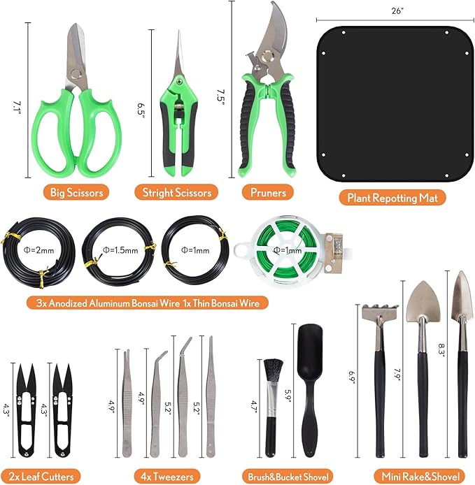 Bonsai Tools Kit 20 Pcs Garden Tools Set for Starters, Gardening Gifts for Women Men Includes Bonsai Wire Kit, Plant Mat, Pruning Shears, Bonsai Scissors, Succulent Tools in Leather Storage Bag