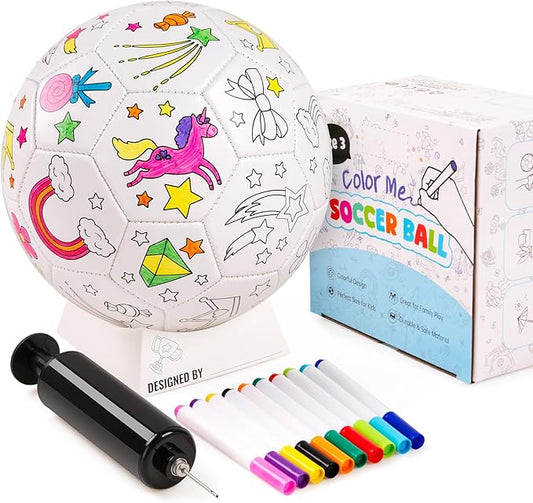 ZOOJOY Color Your Own Soccer Ball with Markers, Soccer Gifts for Girls Boys, Size 3 Unicorn Paint Personalized Arts and Crafts Kit for Kids, Ball Game Birthday Gift Toys for Toddlers 3-10