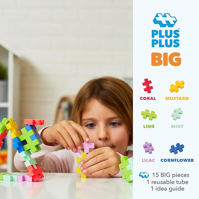 PLUS PLUS Big – 15 Piece Tropical Mix – Construction Building Stem/Steam Toy, Interlocking Large Puzzle Blocks for Toddlers and Preschool, Open Play Tube